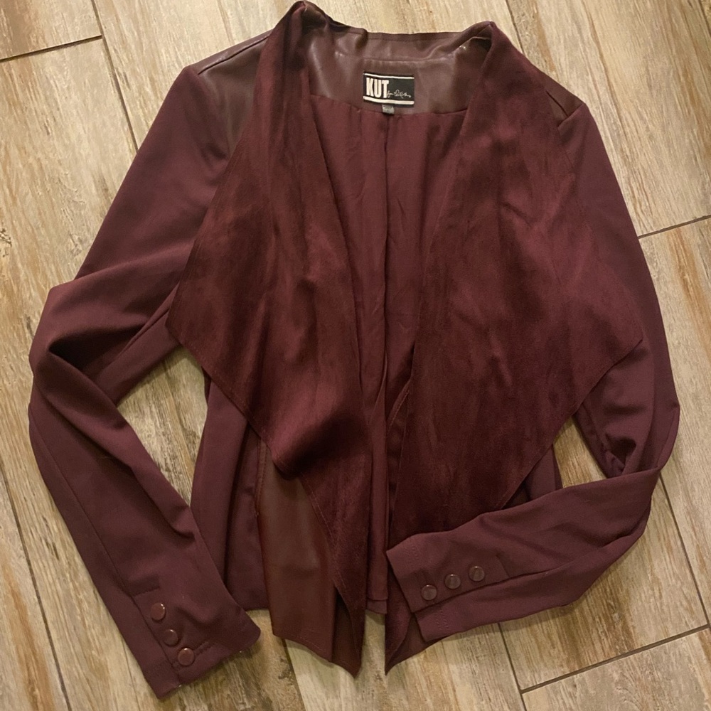 Kut from the Kloth Womens Draped Faux-Suede & Leatherette Jacket Burgundy - Picture 2 of 8